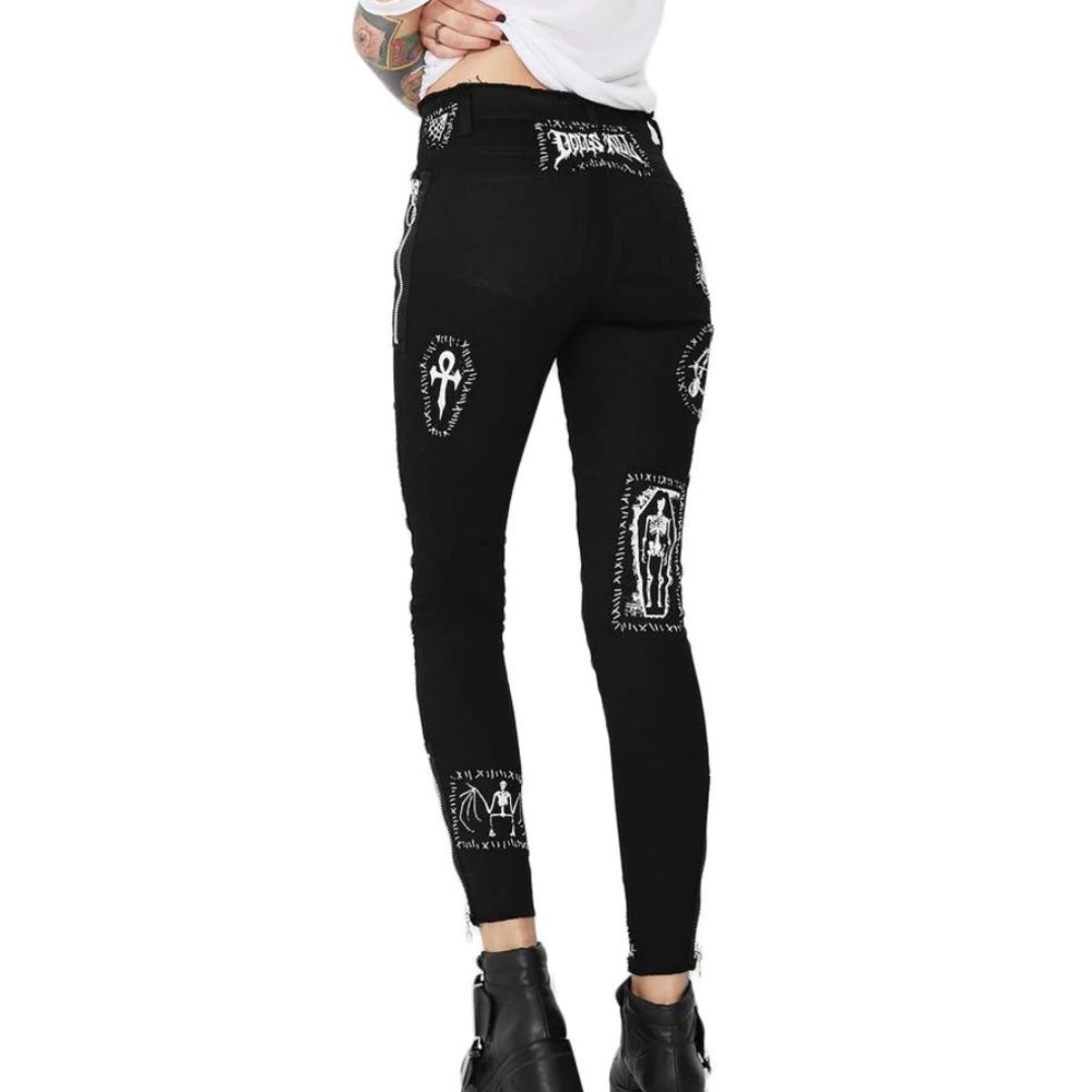 Dolls Kill Black Skinny Patchwork Gothic Jeans - Picture 10 of 14